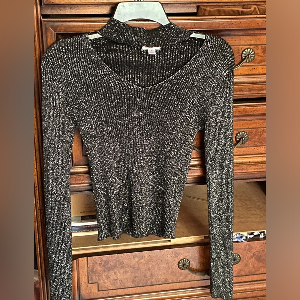 black and silver glittery top with neck cut out